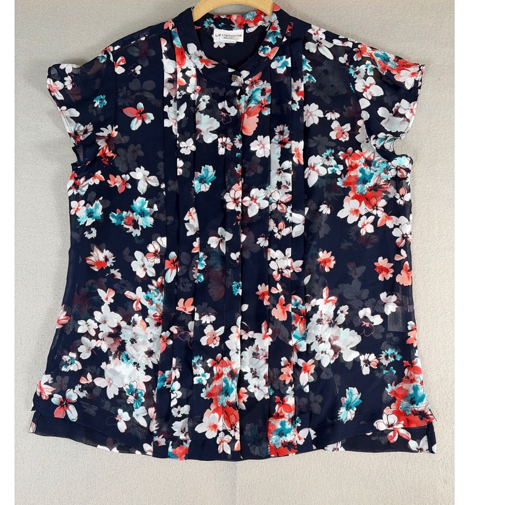 Liz Claiborne Petite Navy Floral Pleated Button Front Blouse Short Sleeve PL